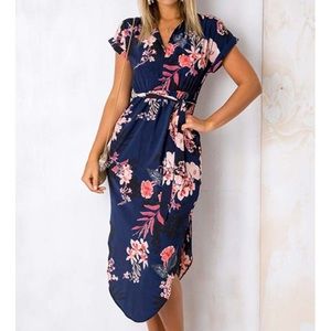 V-neck floral print summer dress with belt